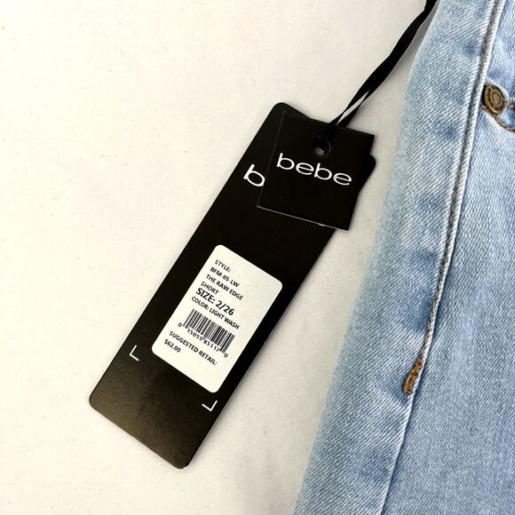 New Women’s Bebe Denim Shorts Stone Embroidered Sz 2 (26) NWT Light Wash Raw Hem - Picture 4 of 9